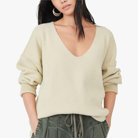 Free People Sweater Weather V Neck Marzipan Combo Oversized Sweater Size M - Picture 1 of 7